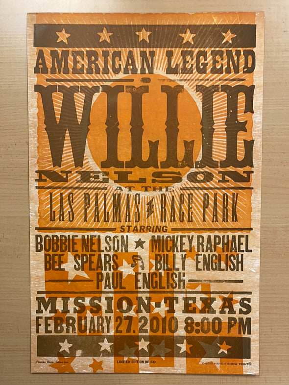 Willie Nelson - 2010 Hatch Show Print 2/27 poster Mission, Texas
