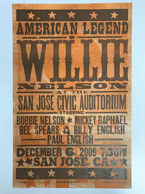 Willie Nelson - 2009 Hatch Show Print 12/6 poster San Jose, CA
