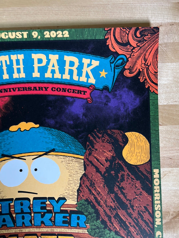 Amphitheatre - 2022 Justin Helton LITHO poster Red Rocks, CO South Park Primus Ween