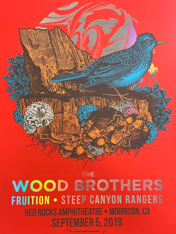 The Wood Brothers - 2019 Status Serigraph poster Red Rocks, Morrison, CO x/300