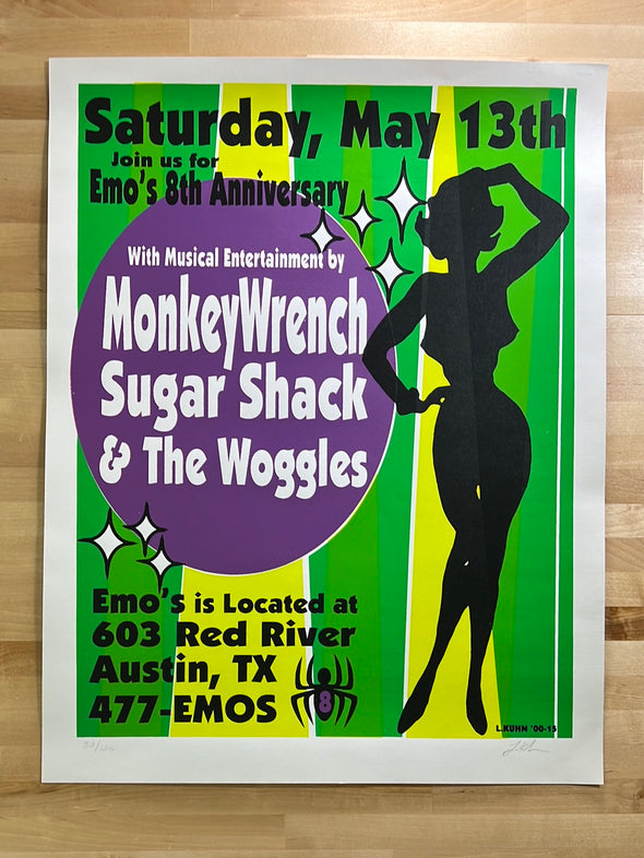 Monkeywrench, Sugarshack, The Woggles - 2000 Lindsey Kuhn poster Autin, TX Emo's