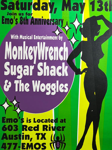 Monkeywrench, Sugarshack, The Woggles - 2000 Lindsey Kuhn poster Autin, TX Emo's