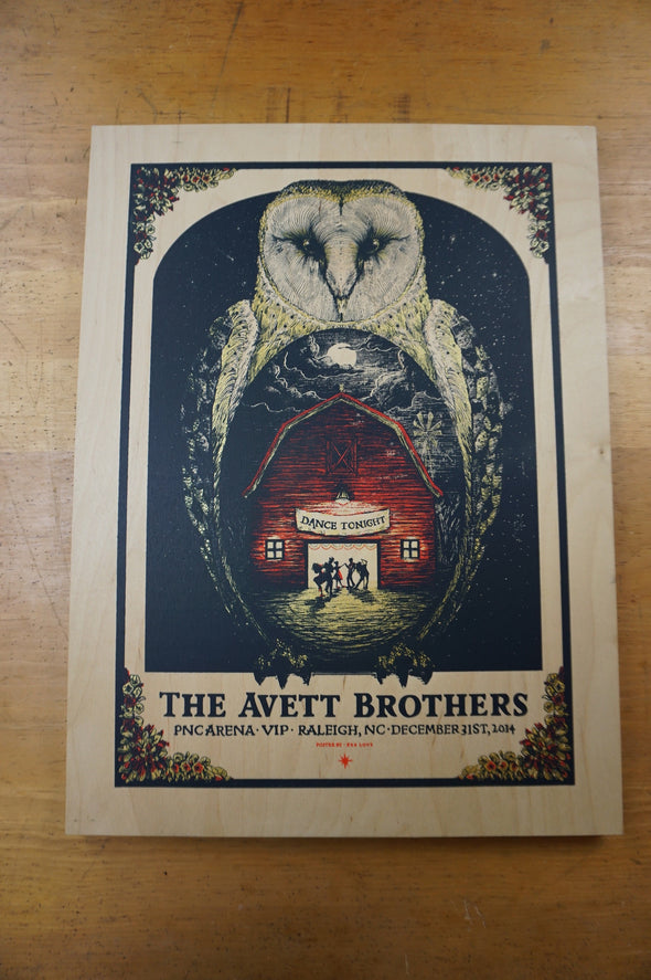 The Avett Brothers - 2014 Zeb Love WOOD "poster" Raleigh, NC NYE PNC Arena