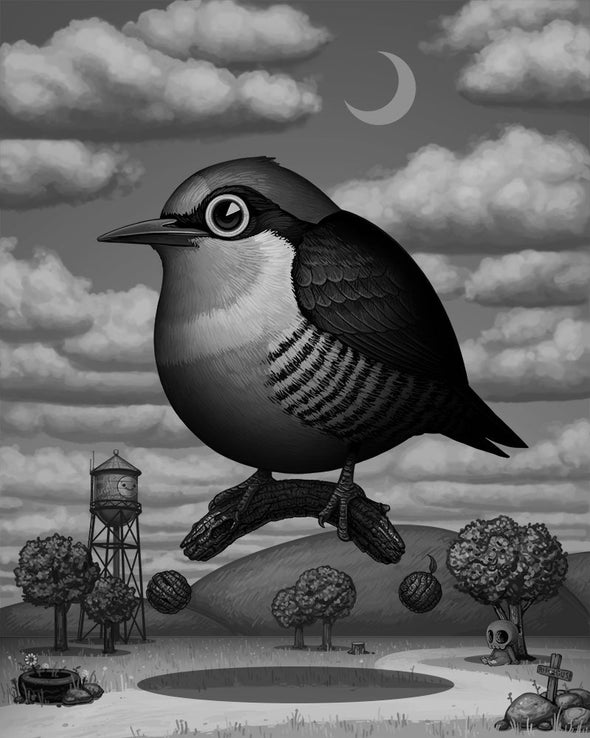 Fat Bird - 2020 Mike Mitchell poster Yellow Fronted Woodpecker GREY variant