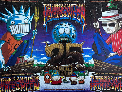 South Park 25 - 2022 Jim Mazza LITHO poster Red Rocks, CO Triptych Primus Ween