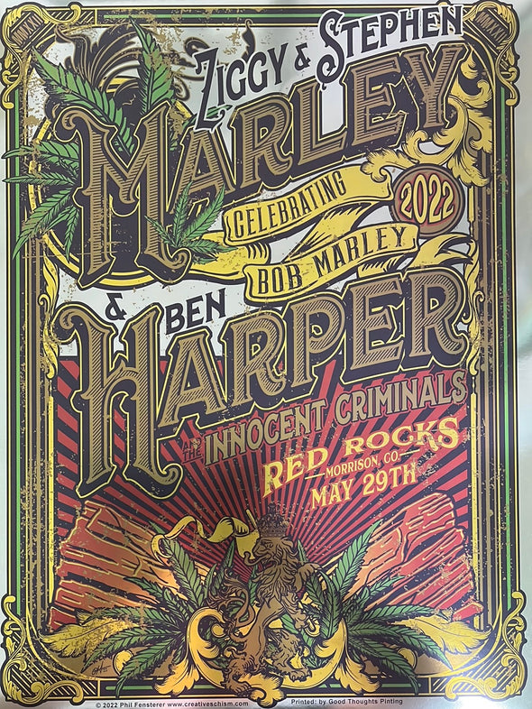 Ziggy Marley Ben Harper - 2022 Phil Fensterer poster Red Rocks Morrison, CO