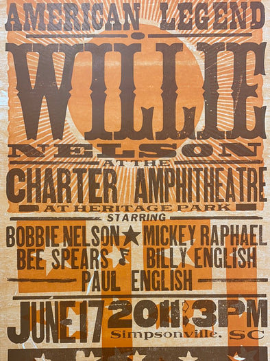 Willie Nelson - 2011 Hatch Show Print 6/17 poster Simpsonville, South Carolina