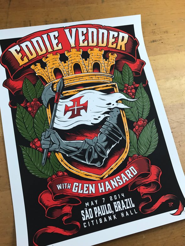 Eddie Vedder - 2014 Brandon Heart poster Sao Paulo, Brazil Citibank Hall S/N