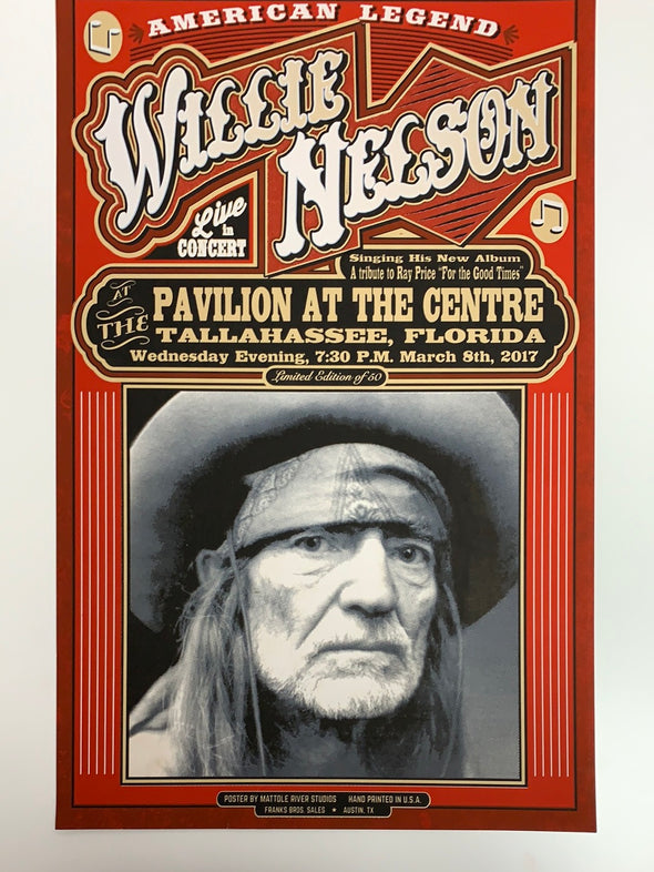Willie Nelson - 2017 Mattole River Studios poster Tallahassee, FL