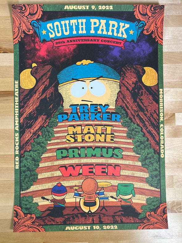 Amphitheatre - 2022 Justin Helton LITHO poster Red Rocks, CO South Park Primus Ween