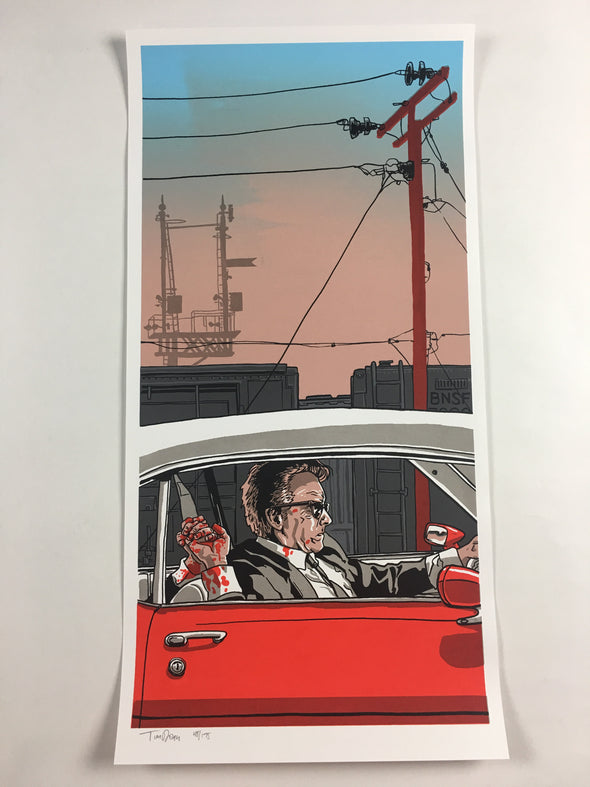 Mr. Orange dying in a 1972 Pontiac Lemans Coupe Convertible - 2011 Tim Doyle Poster Art Print